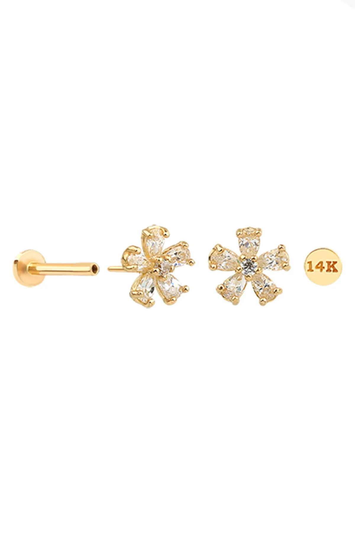 14K Solid Gold Cartilage Cz Flower Internally Internal Threaded Earring Labret