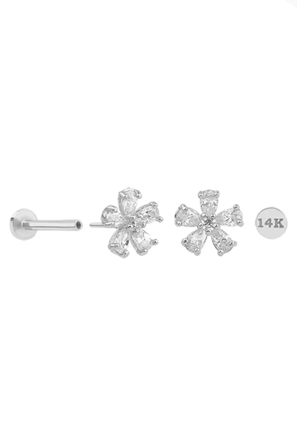 14K Solid Gold Cartilage Cz Flower Internally Internal Threaded Earring Labret