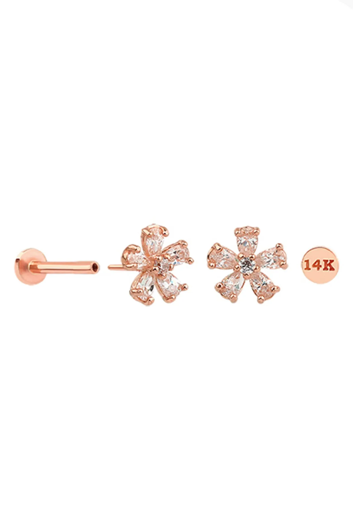 14K Solid Gold Cartilage Cz Flower Internally Internal Threaded Earring Labret