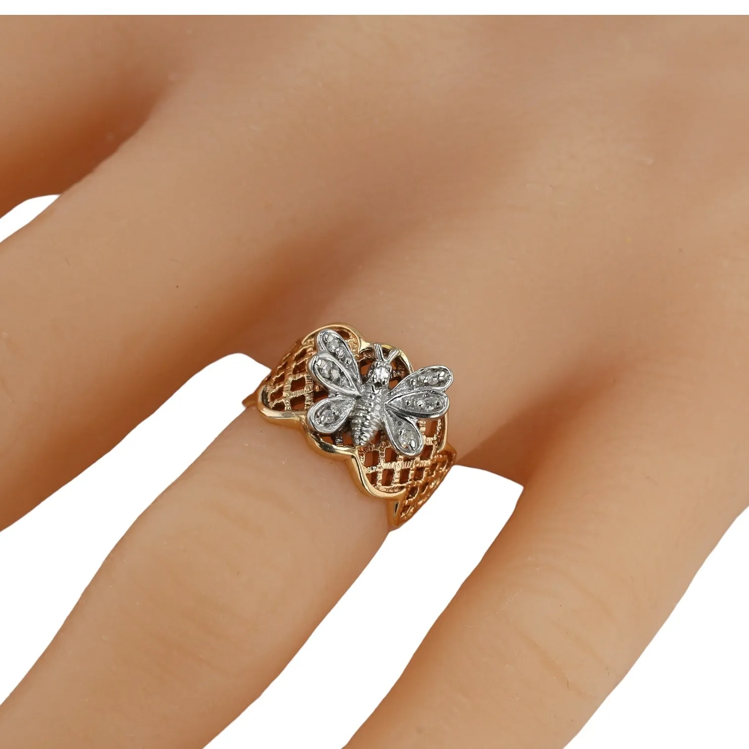 14K Yellow gold two tone butterfly diamond ring-20508