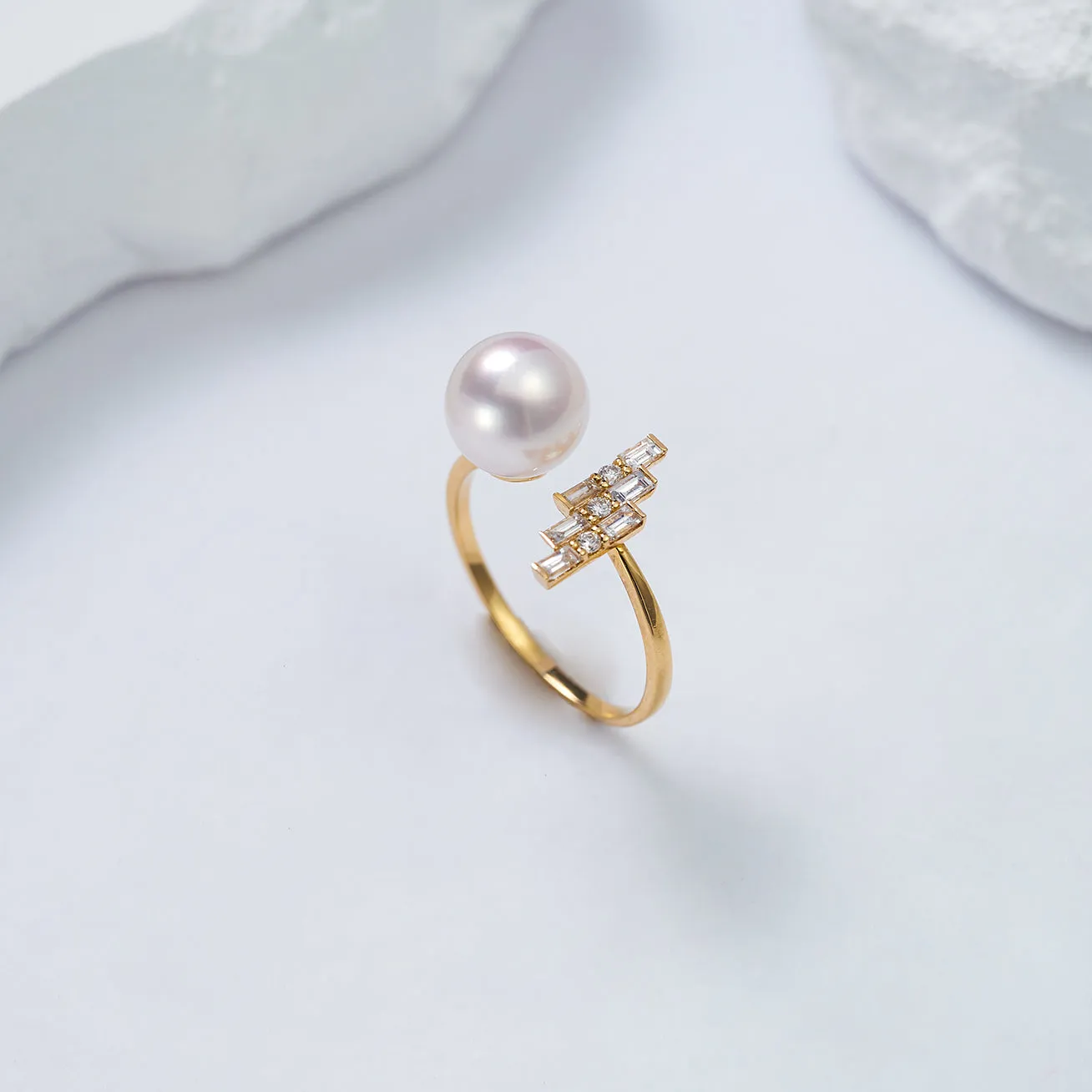 18K Solid Gold Diamond Akoya Hanadama Pearl Ring KR00077