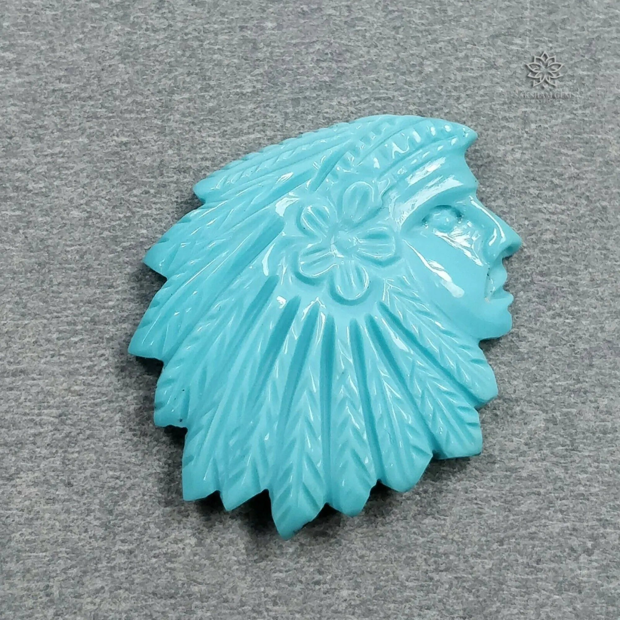 20.70cts Natural Untreated Blue Kingman TURQUOISE Gemstone Hand Carved INDIAN HEAD 29*24mm For Jewelry