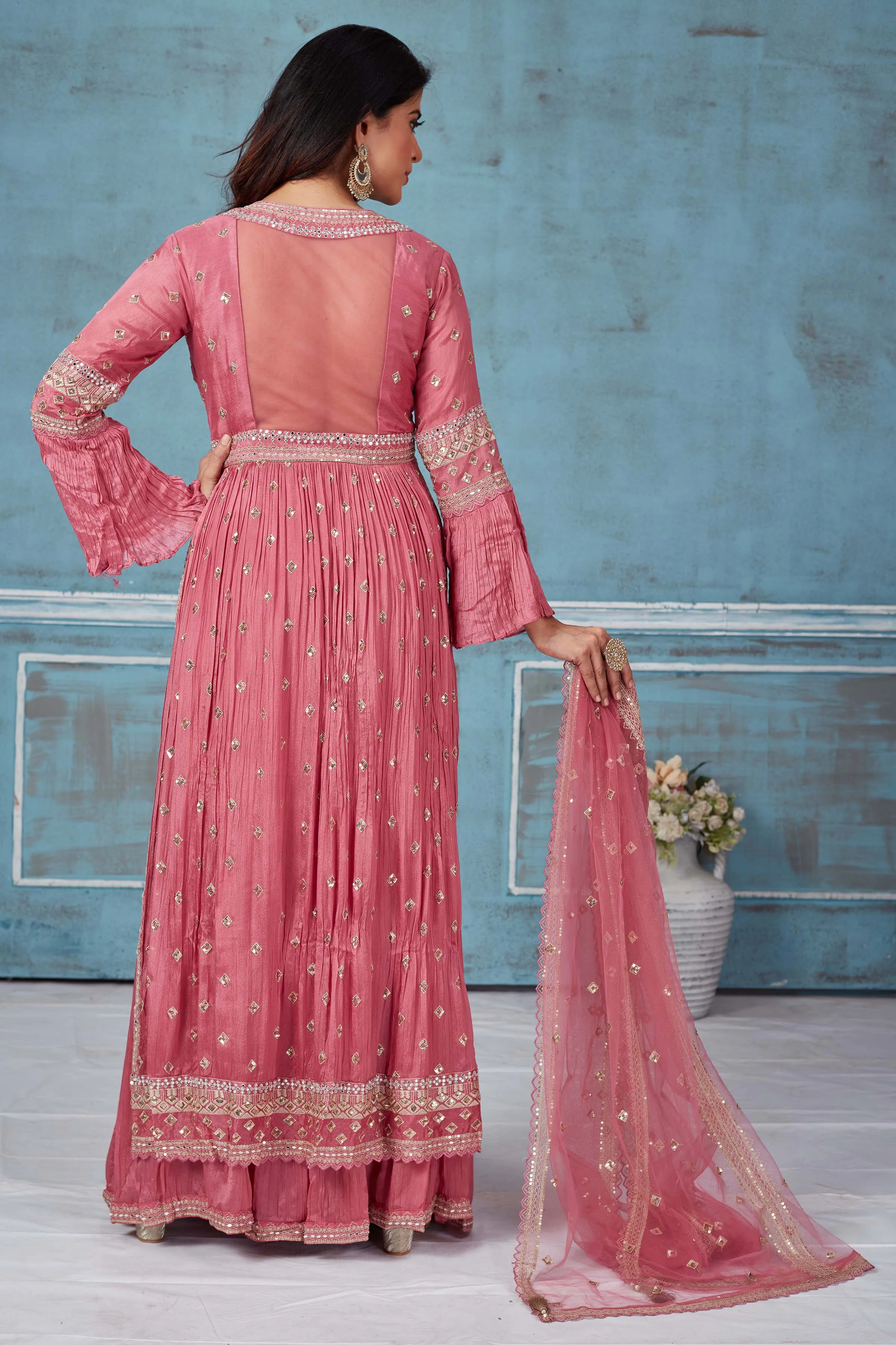 32A030 Pink Embroidered Crepe Silk Palazzo Suit With Dupatta