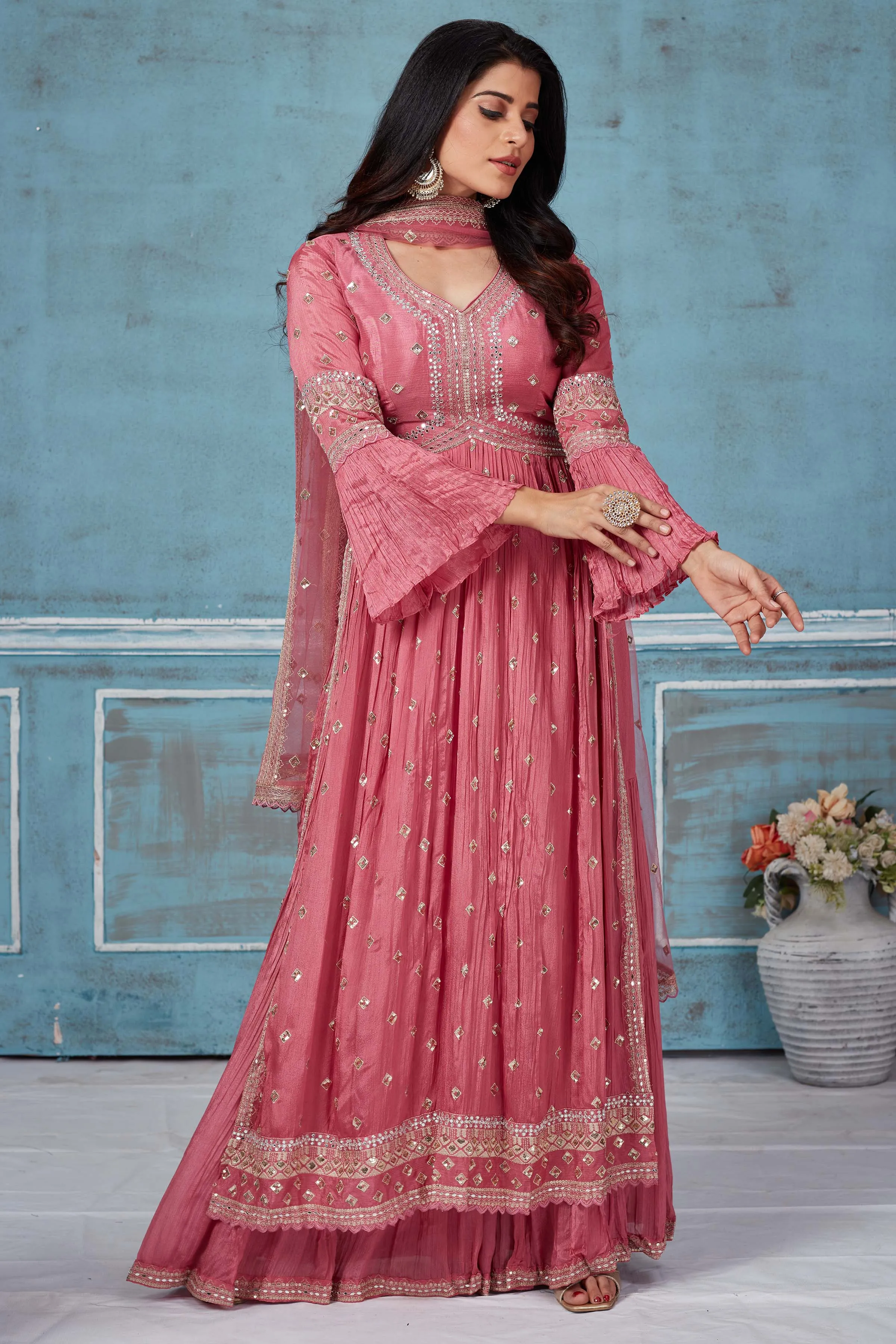 32A030 Pink Embroidered Crepe Silk Palazzo Suit With Dupatta