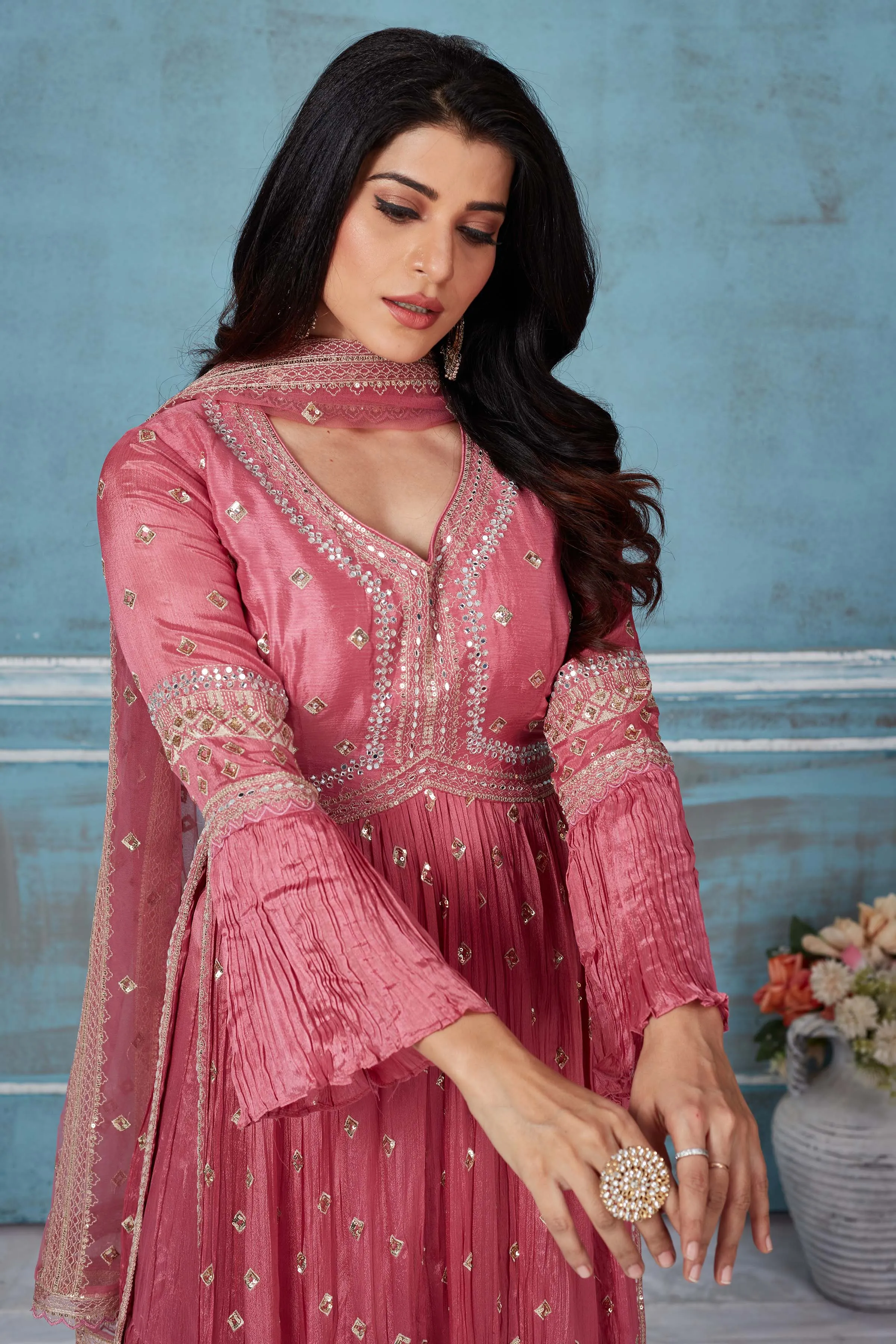 32A030 Pink Embroidered Crepe Silk Palazzo Suit With Dupatta