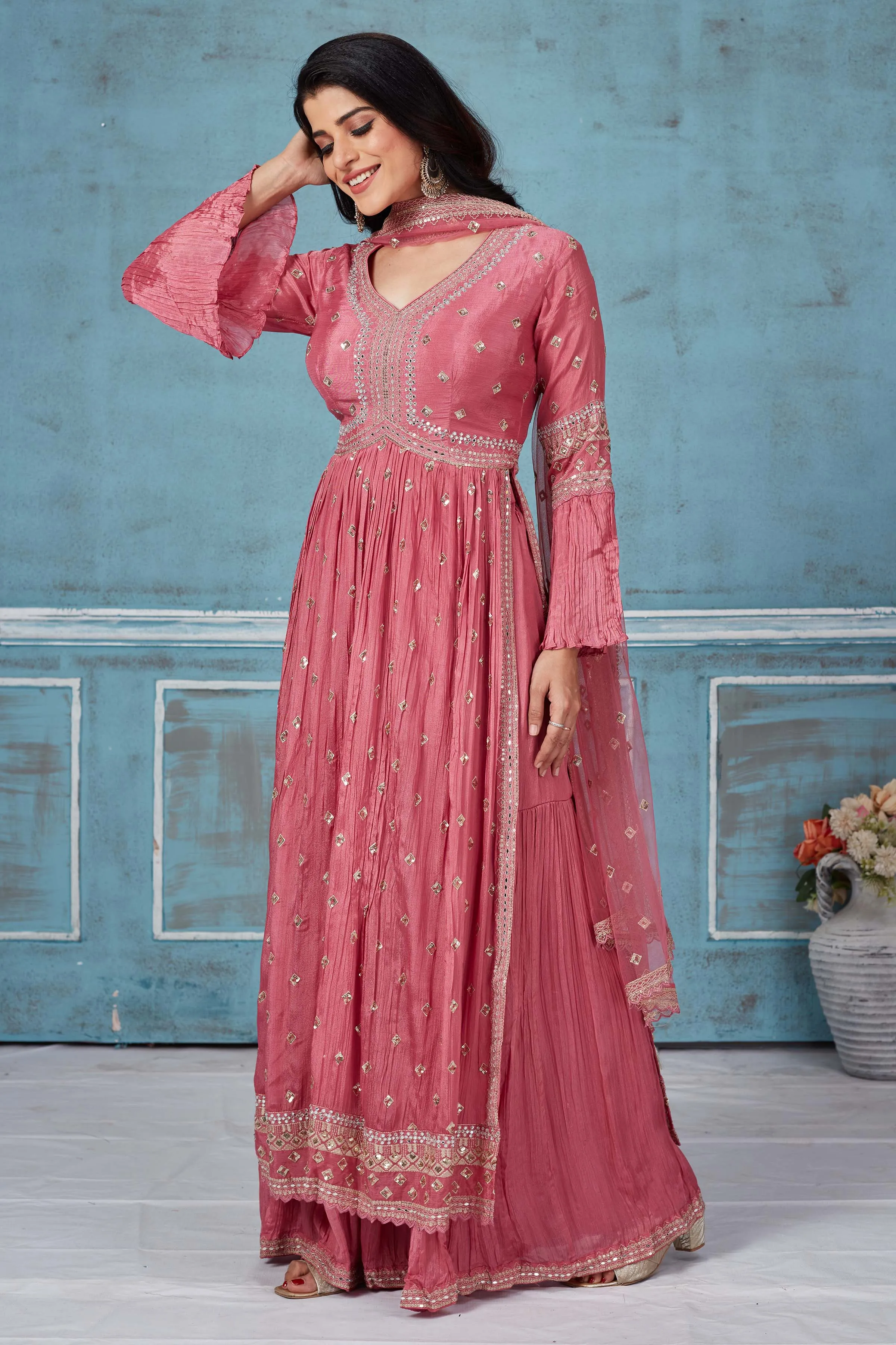 32A030 Pink Embroidered Crepe Silk Palazzo Suit With Dupatta