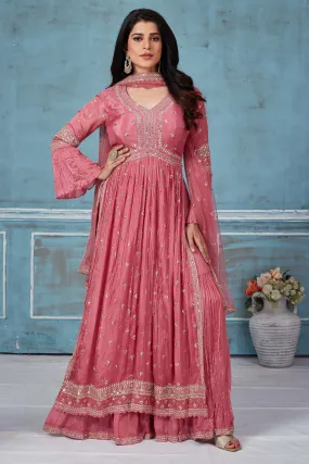 32A030 Pink Embroidered Crepe Silk Palazzo Suit With Dupatta