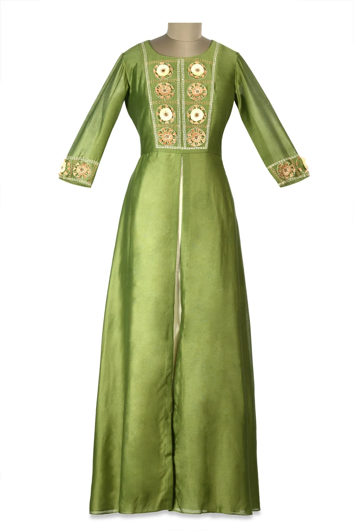 50Z165-RO Olive Green Embroidered Layered Chanderi Anarkali