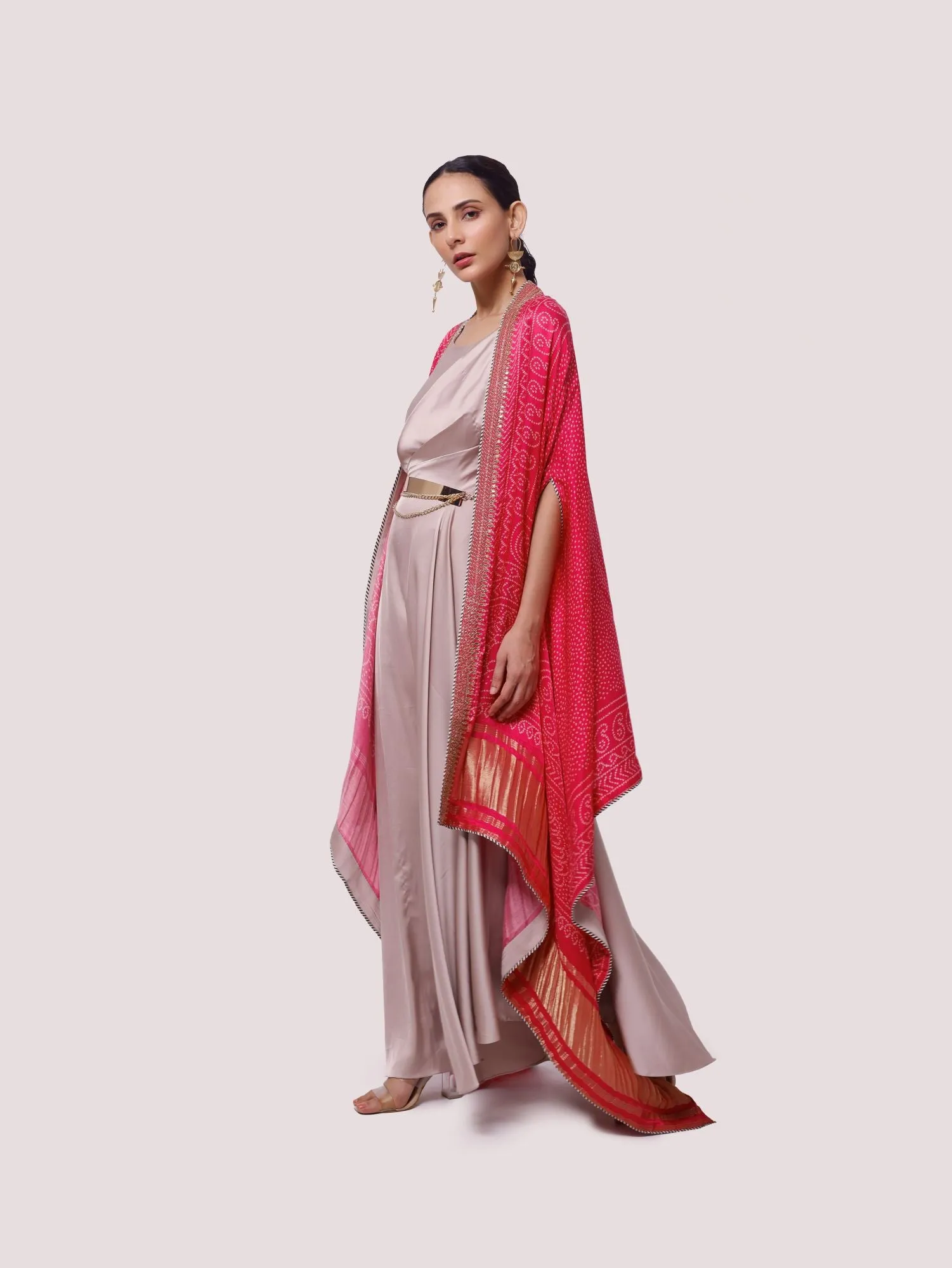 50Z974-RO Beige Satin Maxi Dress with Pink Cape