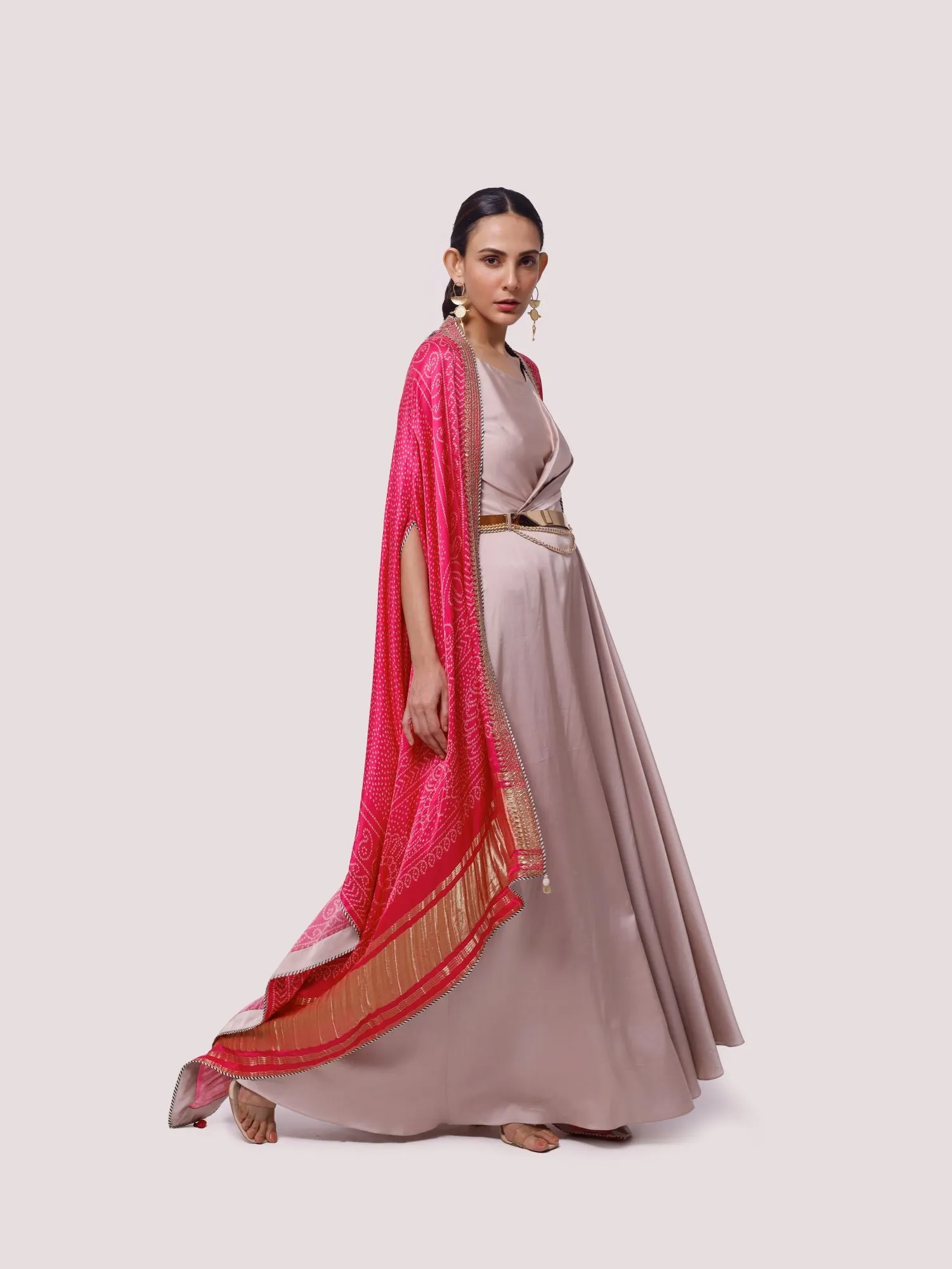 50Z974-RO Beige Satin Maxi Dress with Pink Cape