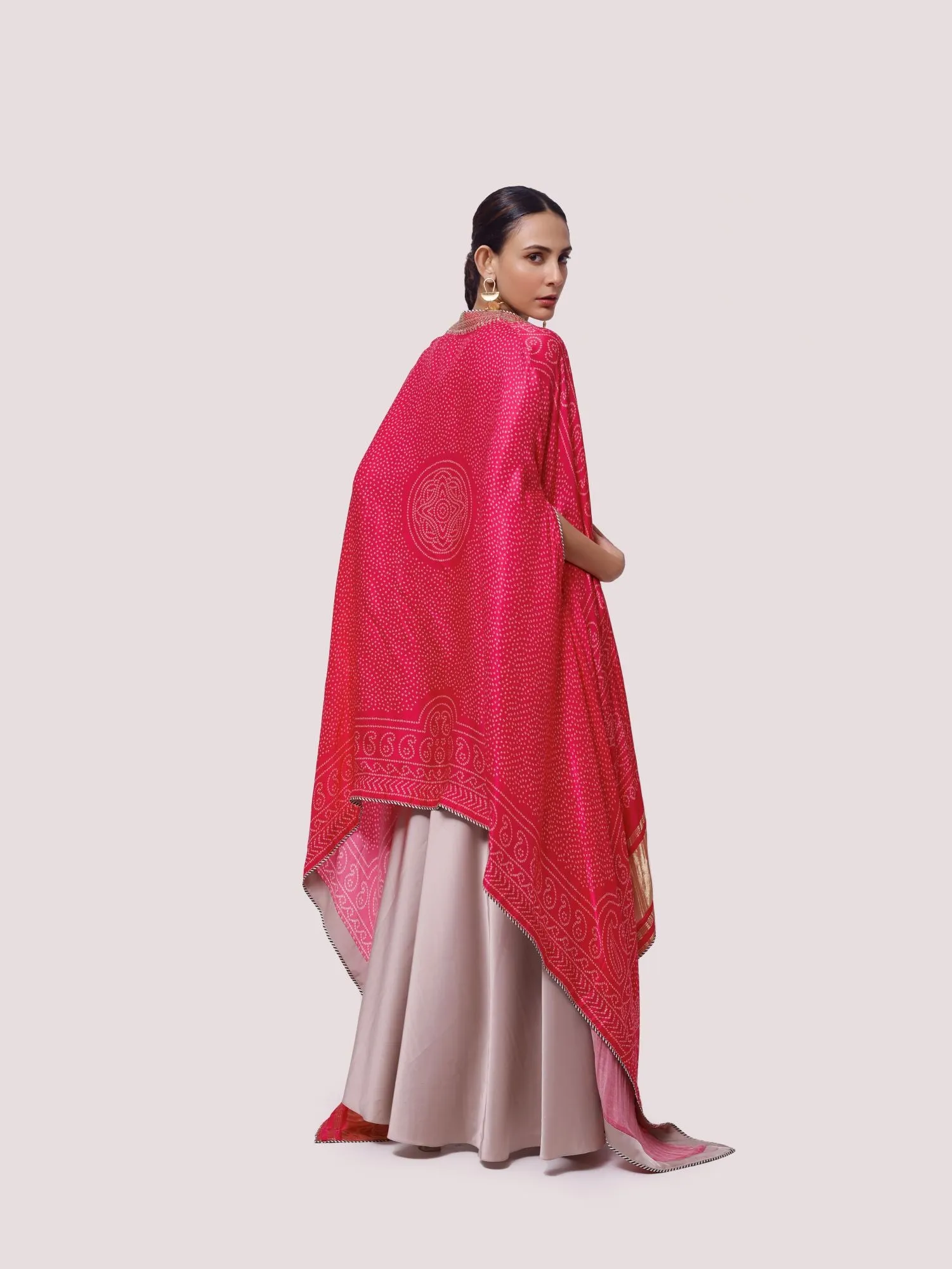 50Z974-RO Beige Satin Maxi Dress with Pink Cape