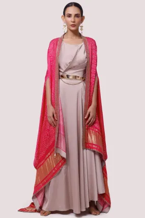 50Z974-RO Beige Satin Maxi Dress with Pink Cape