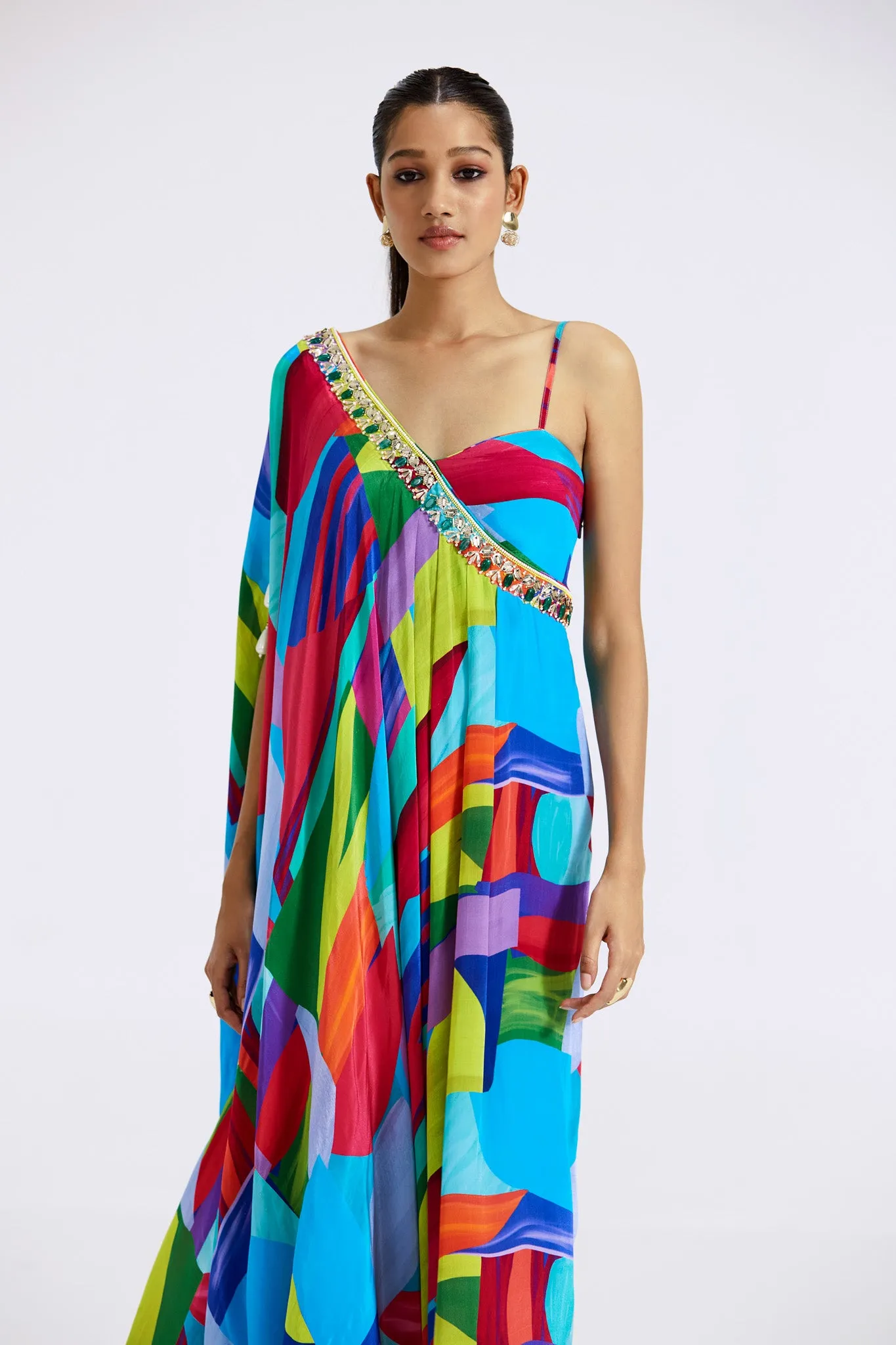 51Z026-RO Multicolor Crepe Asymmetric Dress