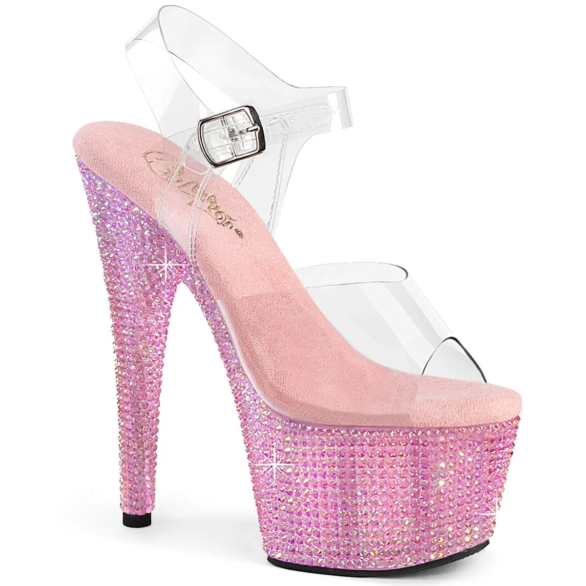 7 Inch Heel BEJEWELED-708RRS Clear Baby Pink Rhinestone