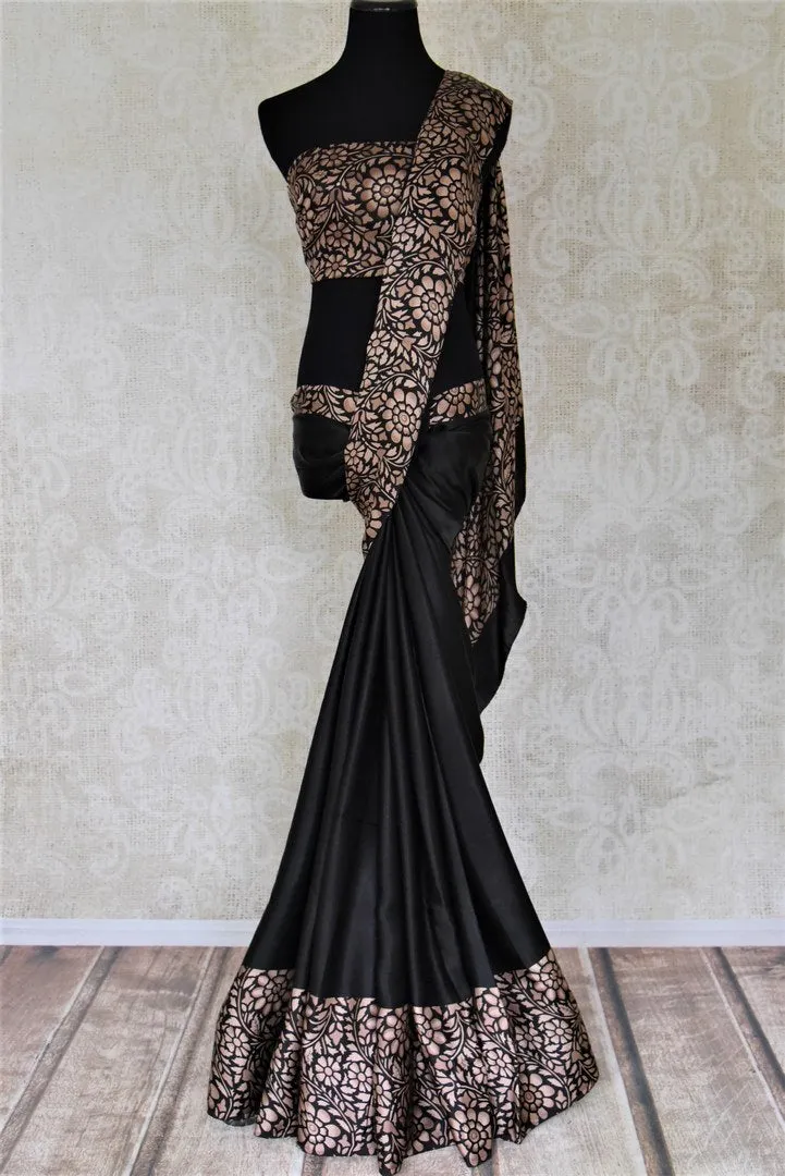 90I755-RO Black Crepe Silk Sari with Floral Print Border