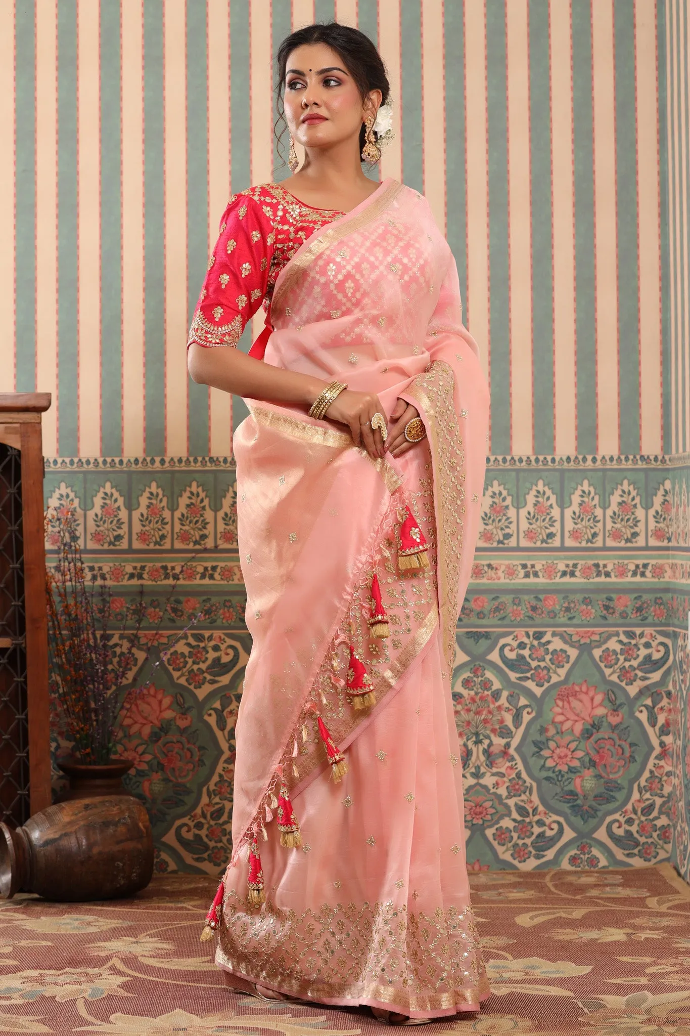 90Z623-RO Powder Pink Organza Silk Sari with Gota Work Border