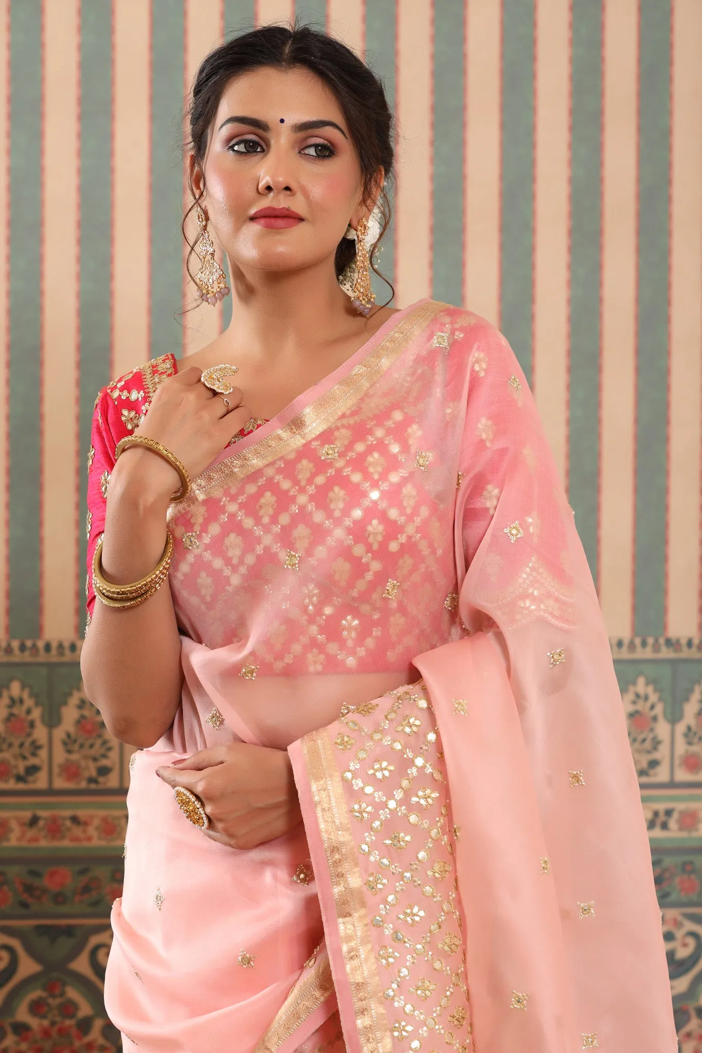 90Z623-RO Powder Pink Organza Silk Sari with Gota Work Border