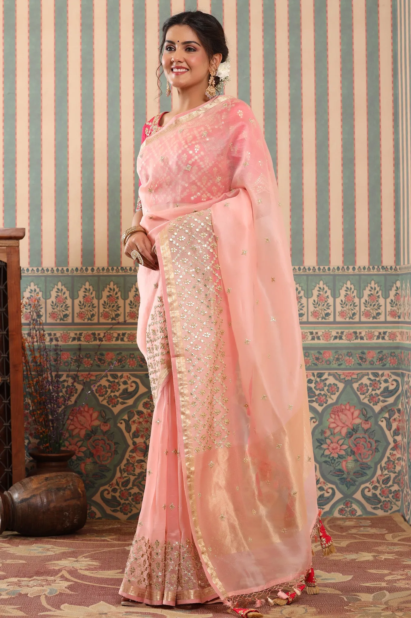 90Z623-RO Powder Pink Organza Silk Sari with Gota Work Border