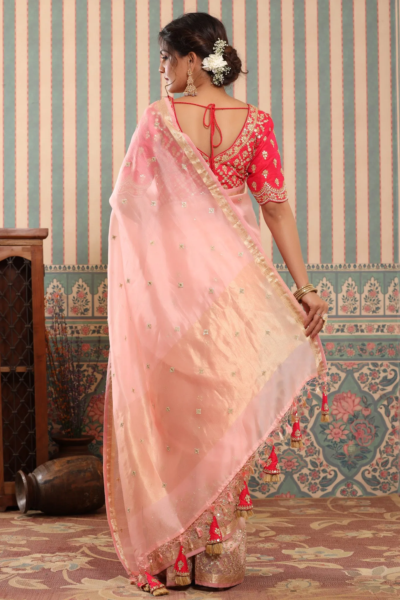 90Z623-RO Powder Pink Organza Silk Sari with Gota Work Border