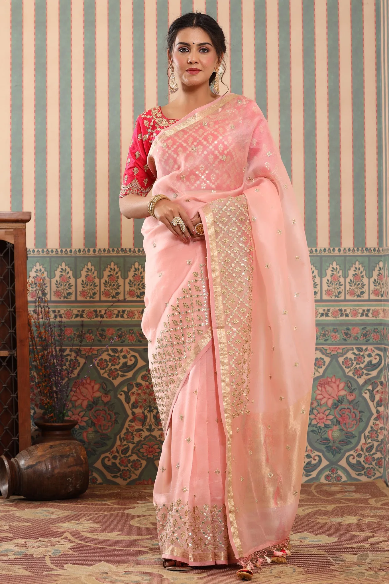 90Z623-RO Powder Pink Organza Silk Sari with Gota Work Border