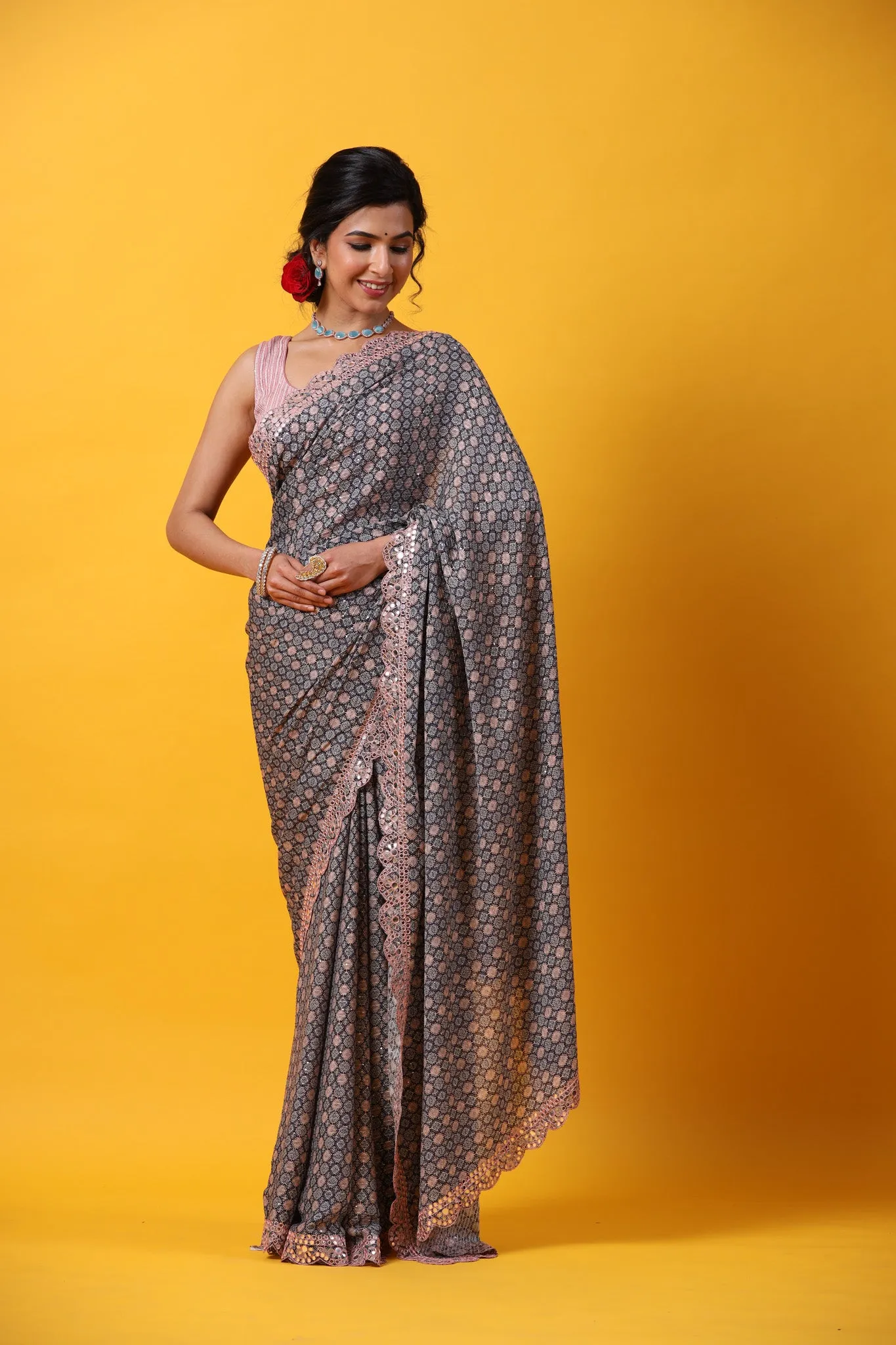 90Z697-RO Blue Printed Georgette Sari with Scalloped Border