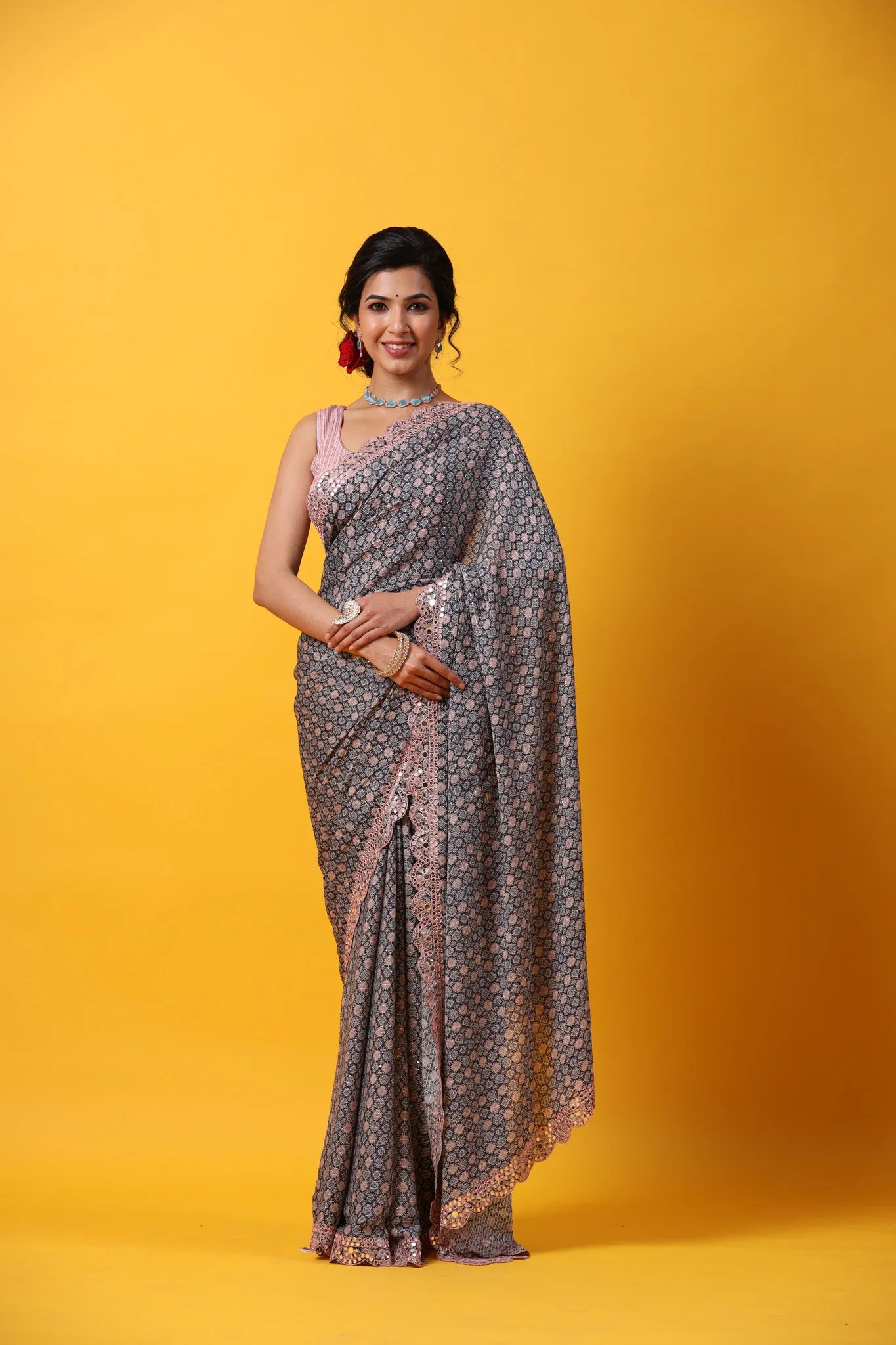 90Z697-RO Blue Printed Georgette Sari with Scalloped Border