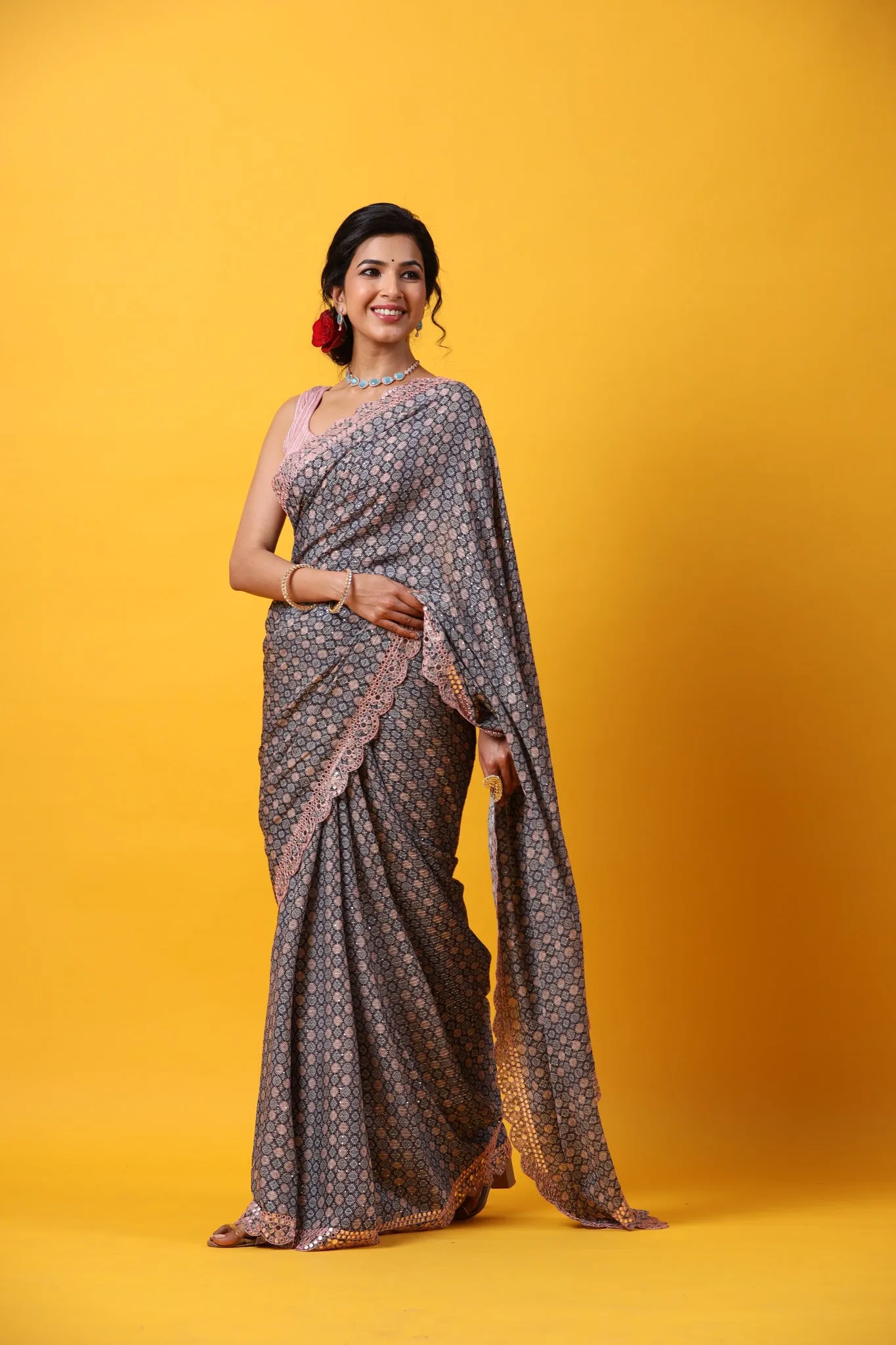 90Z697-RO Blue Printed Georgette Sari with Scalloped Border