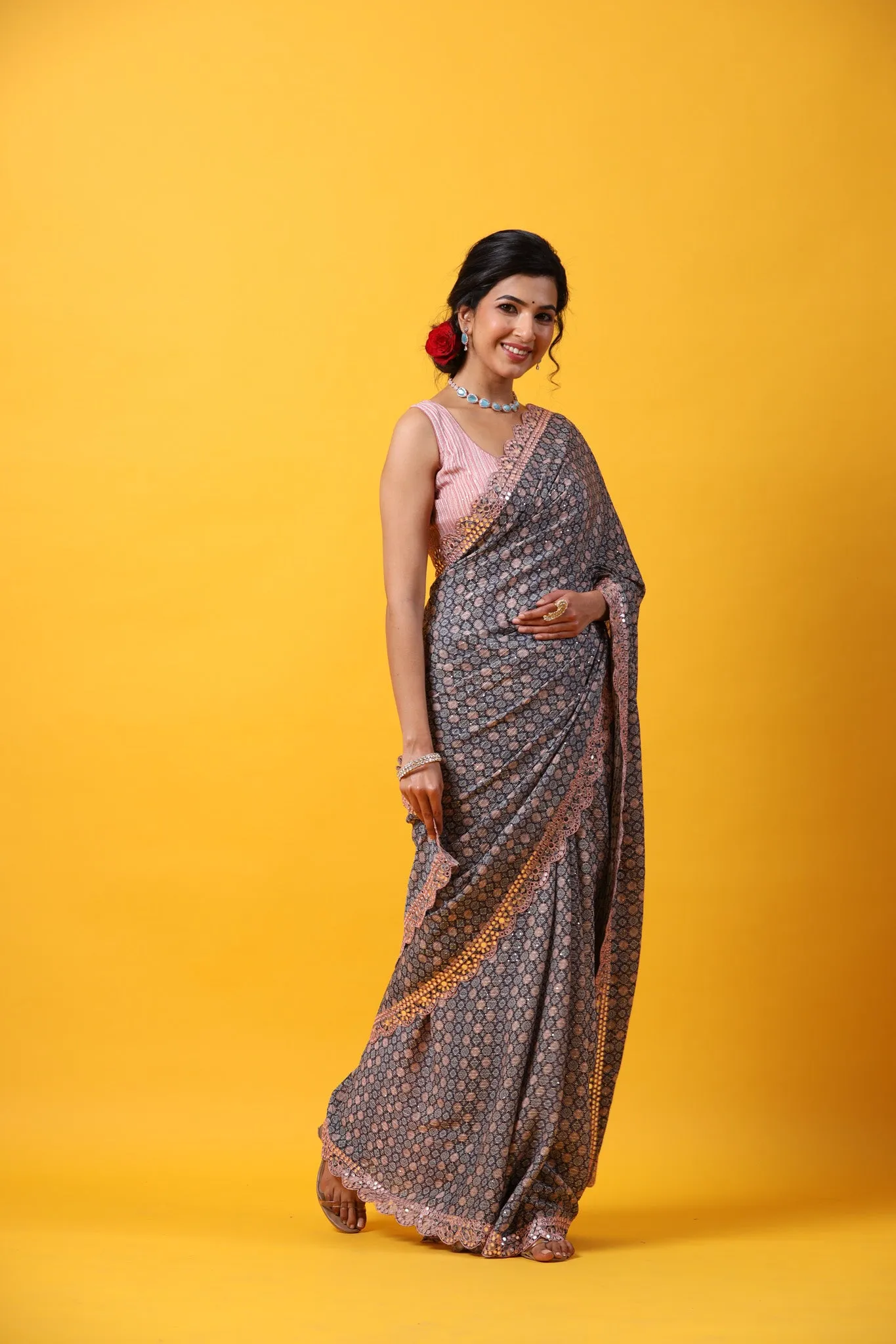 90Z697-RO Blue Printed Georgette Sari with Scalloped Border