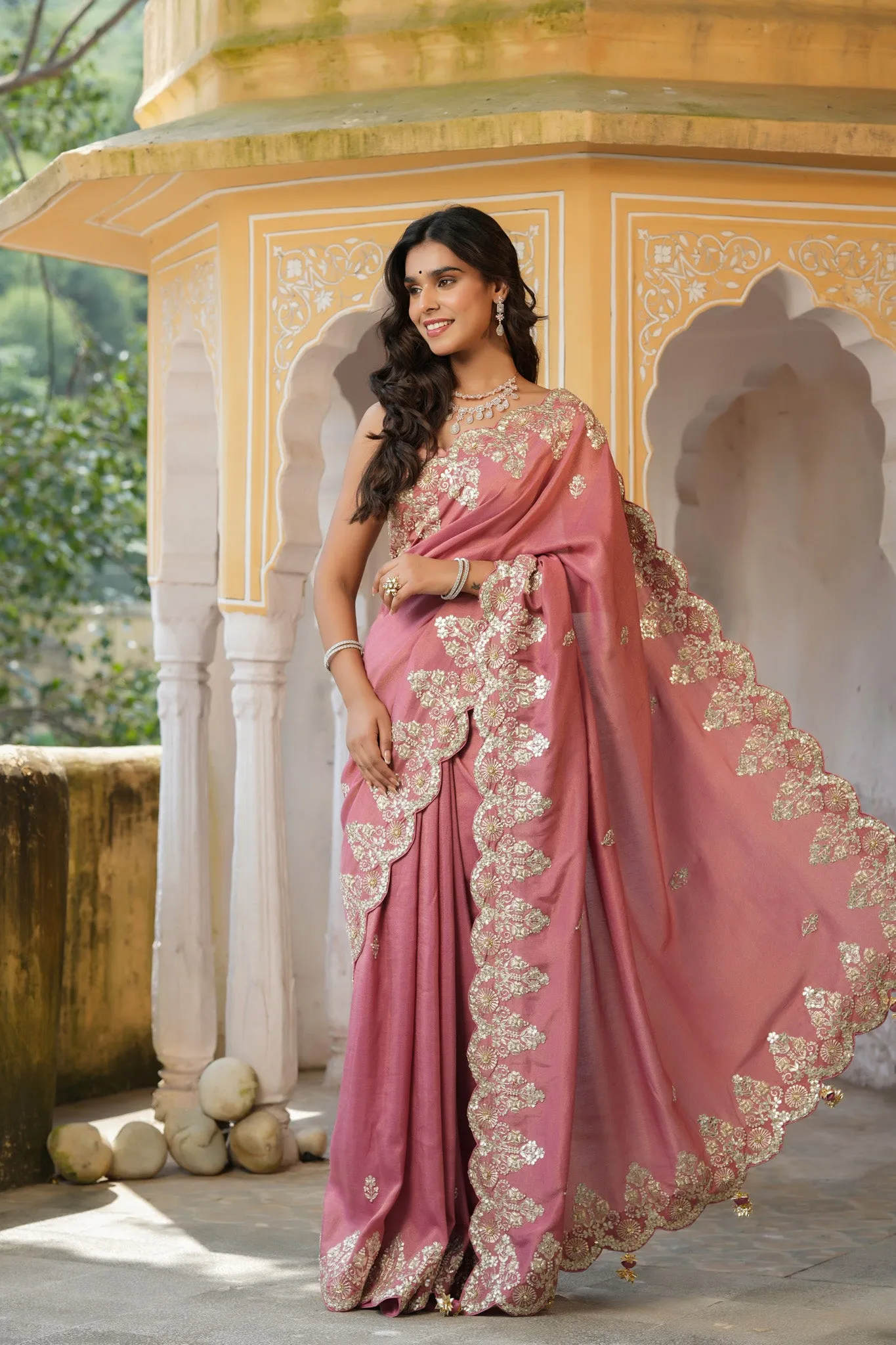 90Z746-RO Dusty Pink Tussar Georgette Sari with Embroidered Border