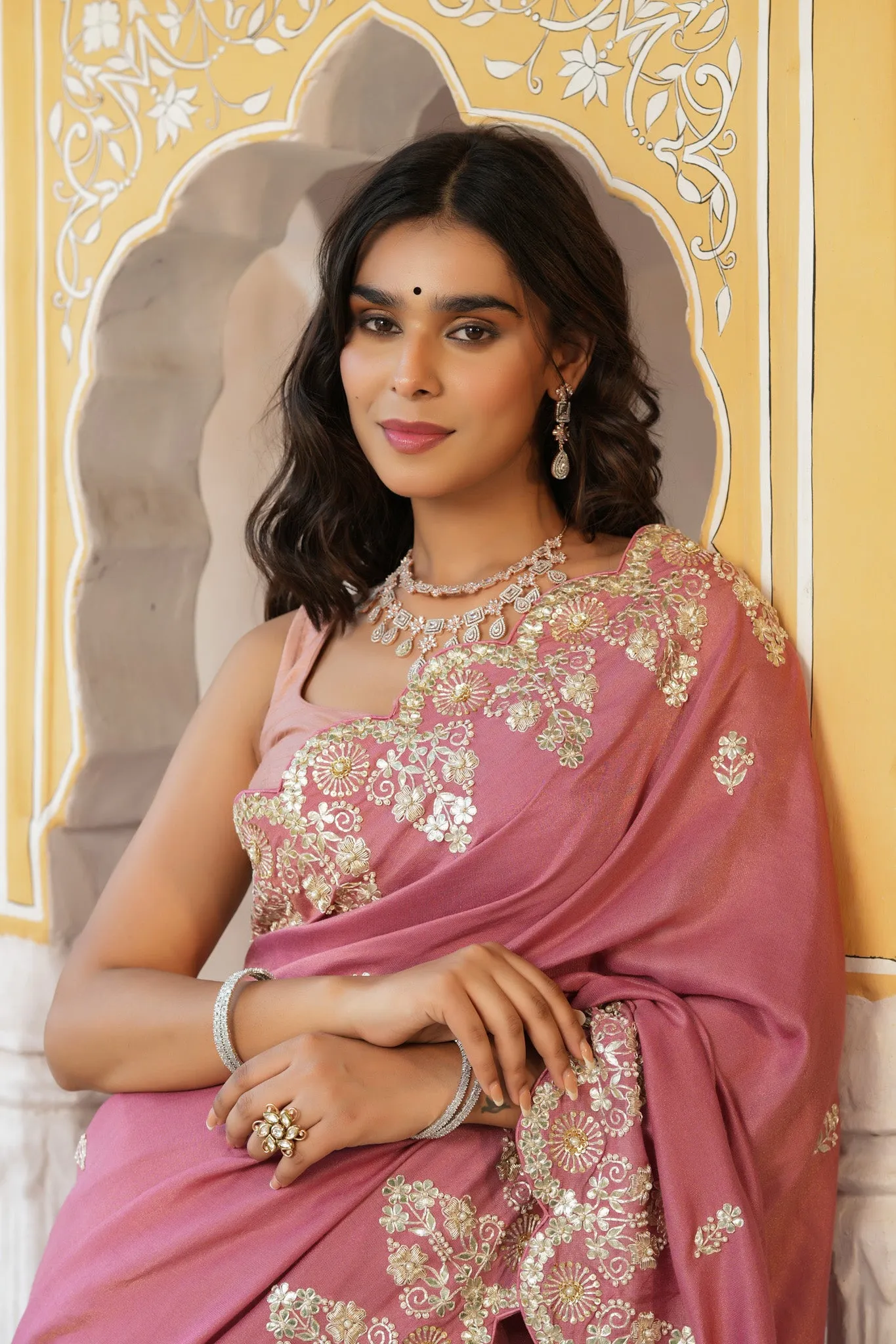 90Z746-RO Dusty Pink Tussar Georgette Sari with Embroidered Border