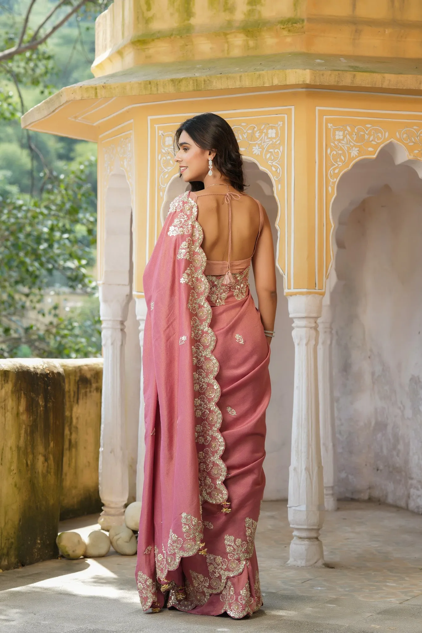 90Z746-RO Dusty Pink Tussar Georgette Sari with Embroidered Border