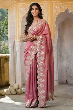 90Z746-RO Dusty Pink Tussar Georgette Sari with Embroidered Border