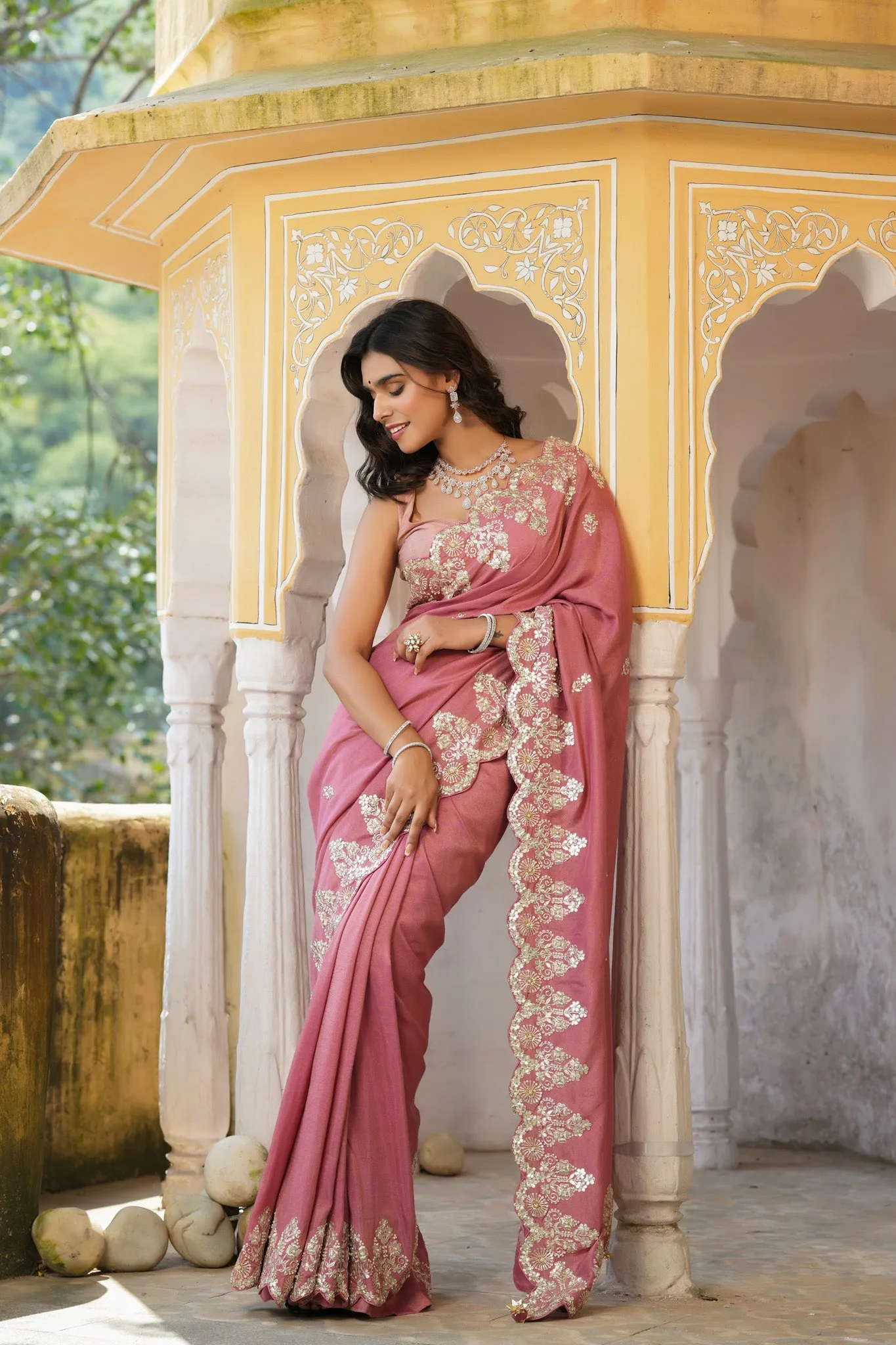 90Z746-RO Dusty Pink Tussar Georgette Sari with Embroidered Border