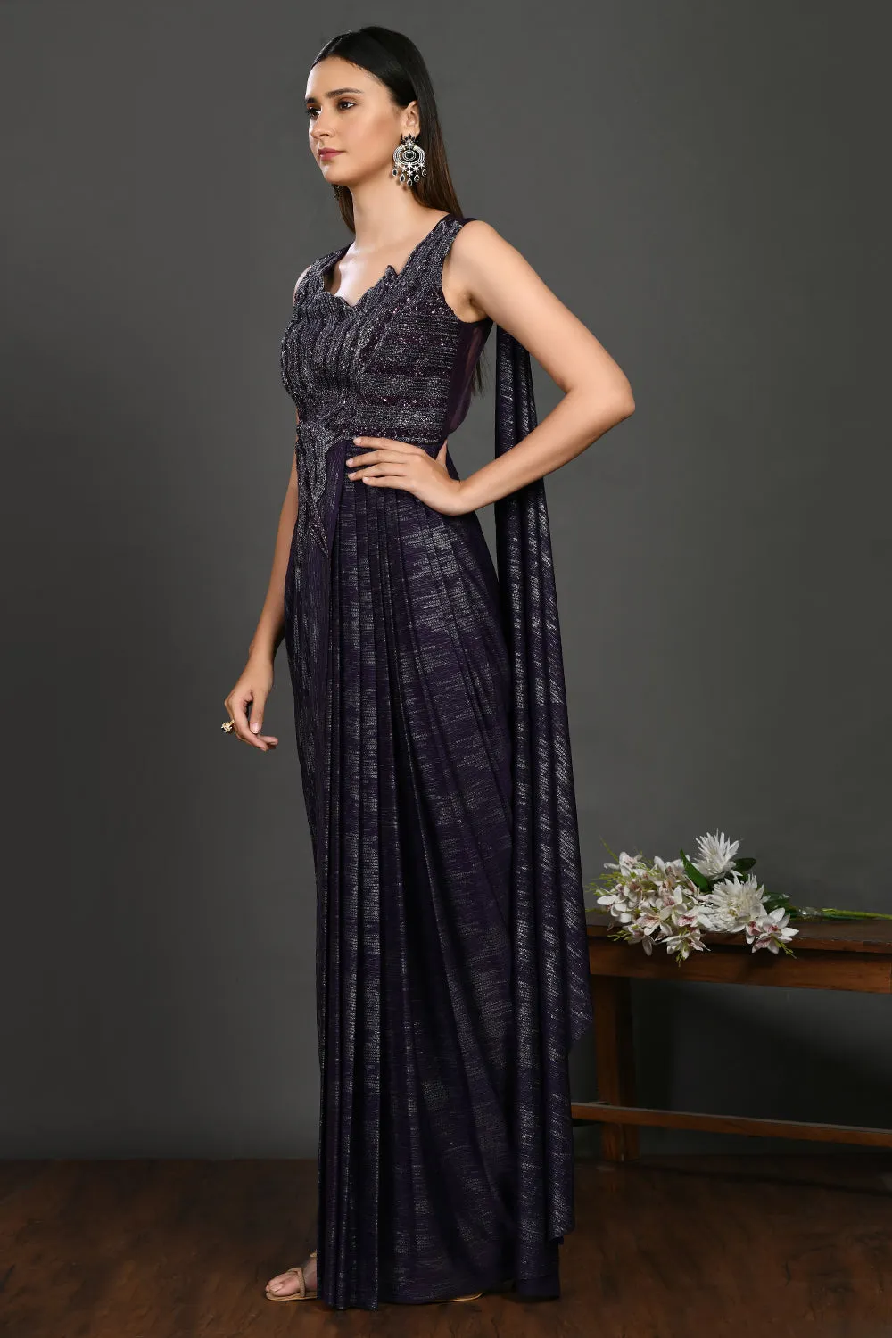 90Z946-RO Purple Drape saree with Sequin Work