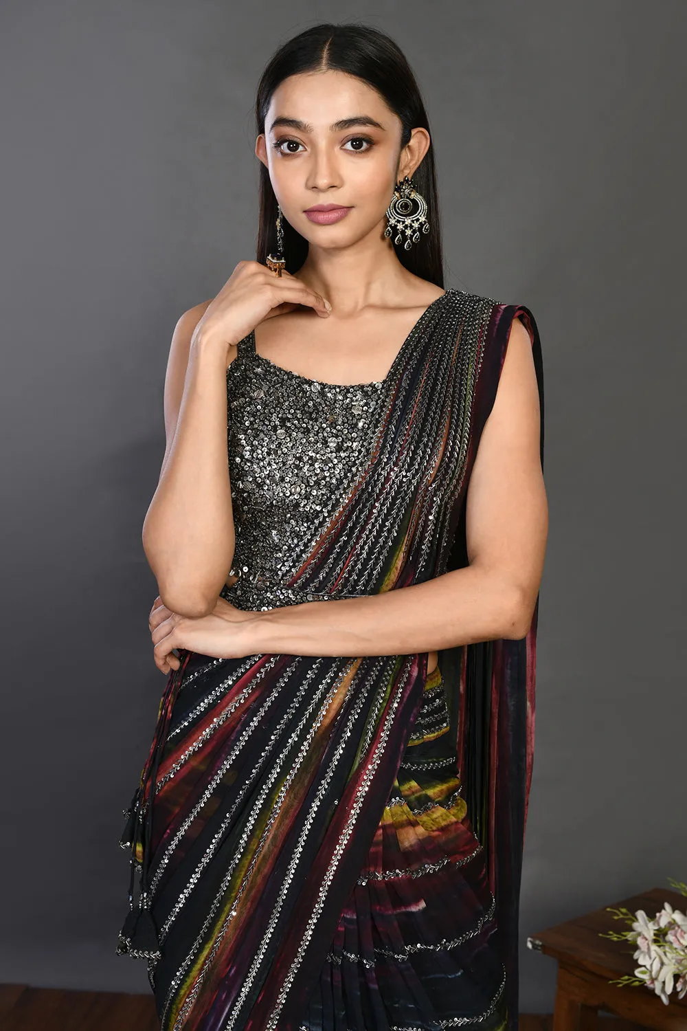 90Z946-RO Purple Drape saree with Sequin Work