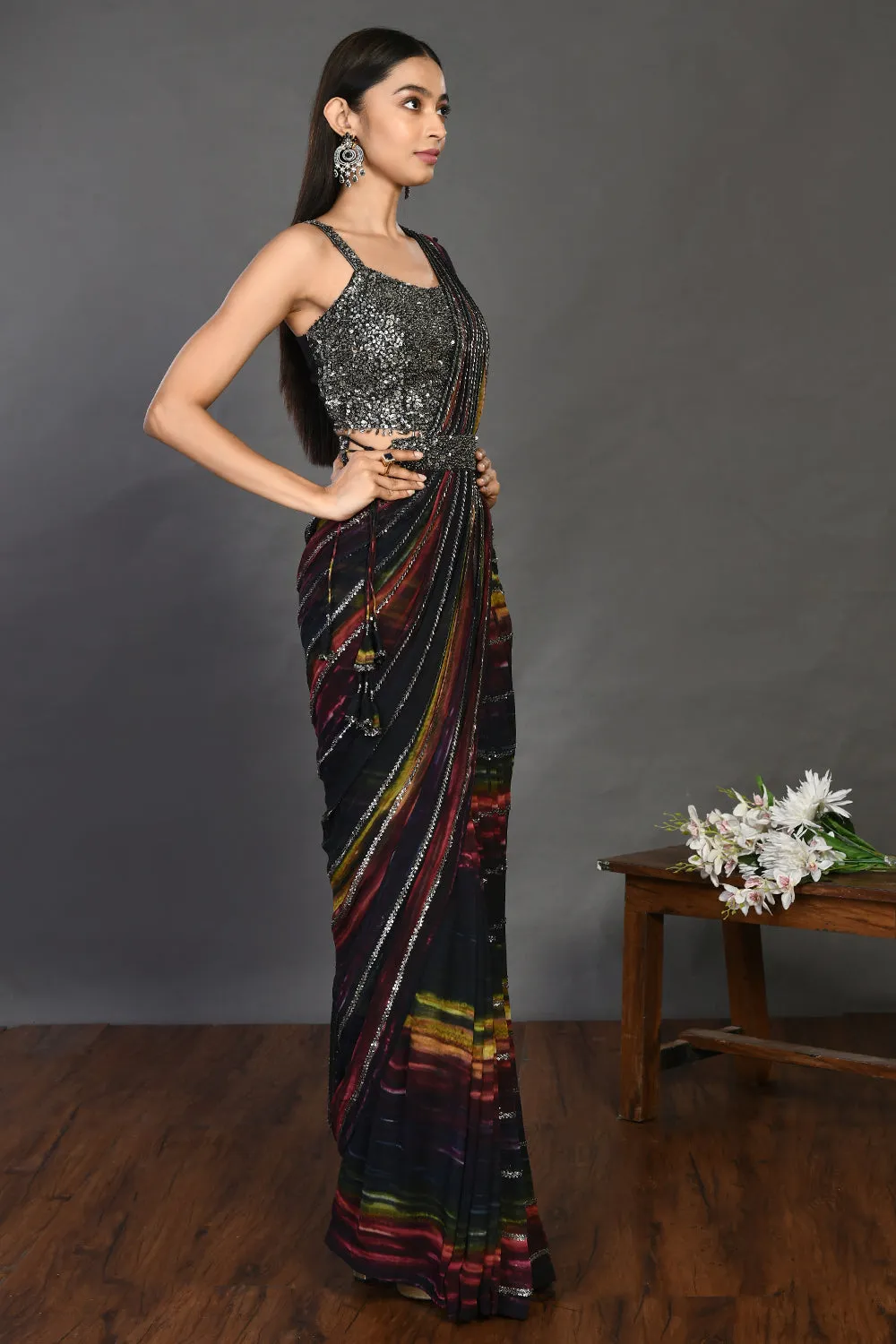 90Z946-RO Purple Drape saree with Sequin Work