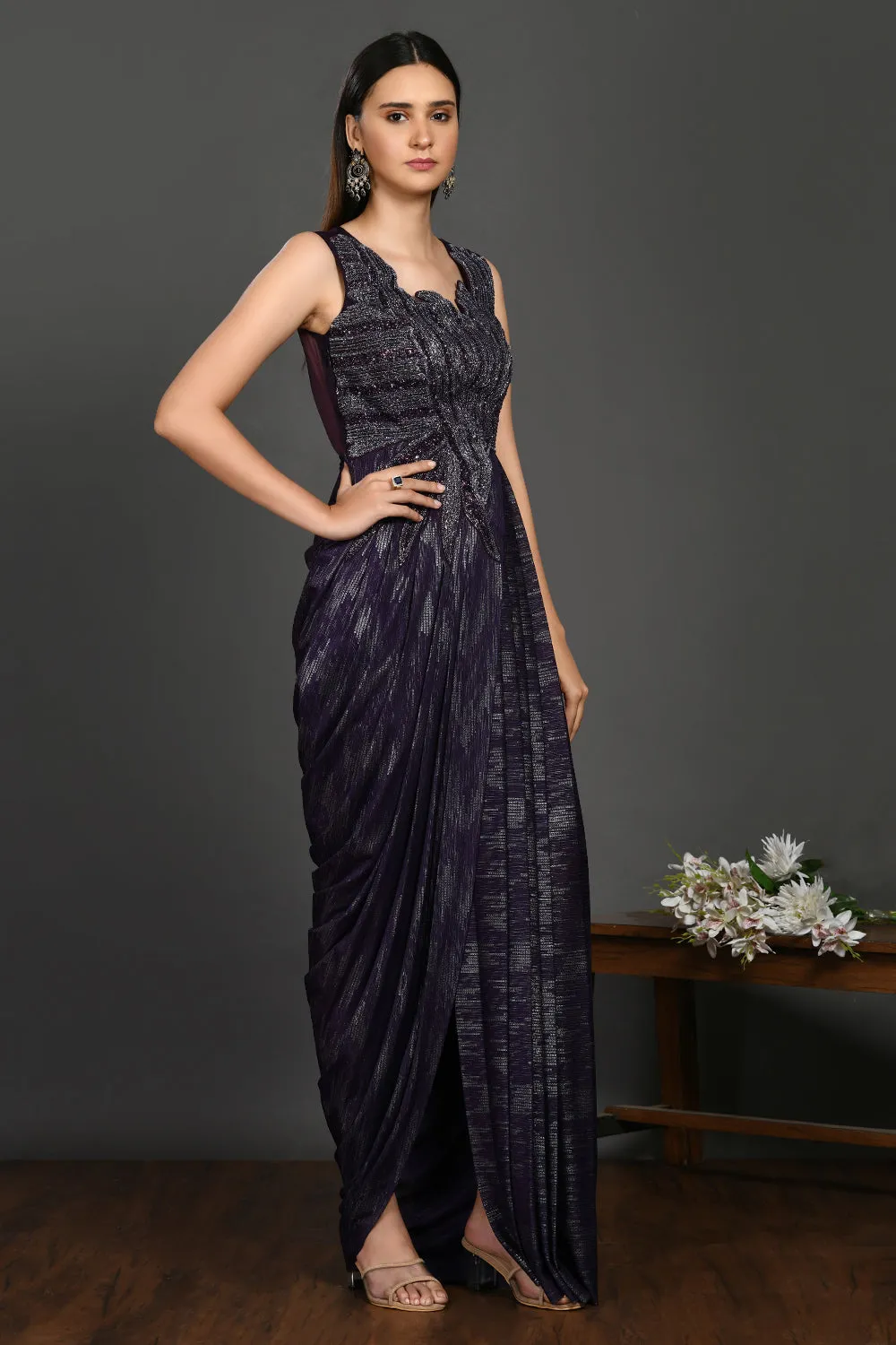 90Z946-RO Purple Drape saree with Sequin Work