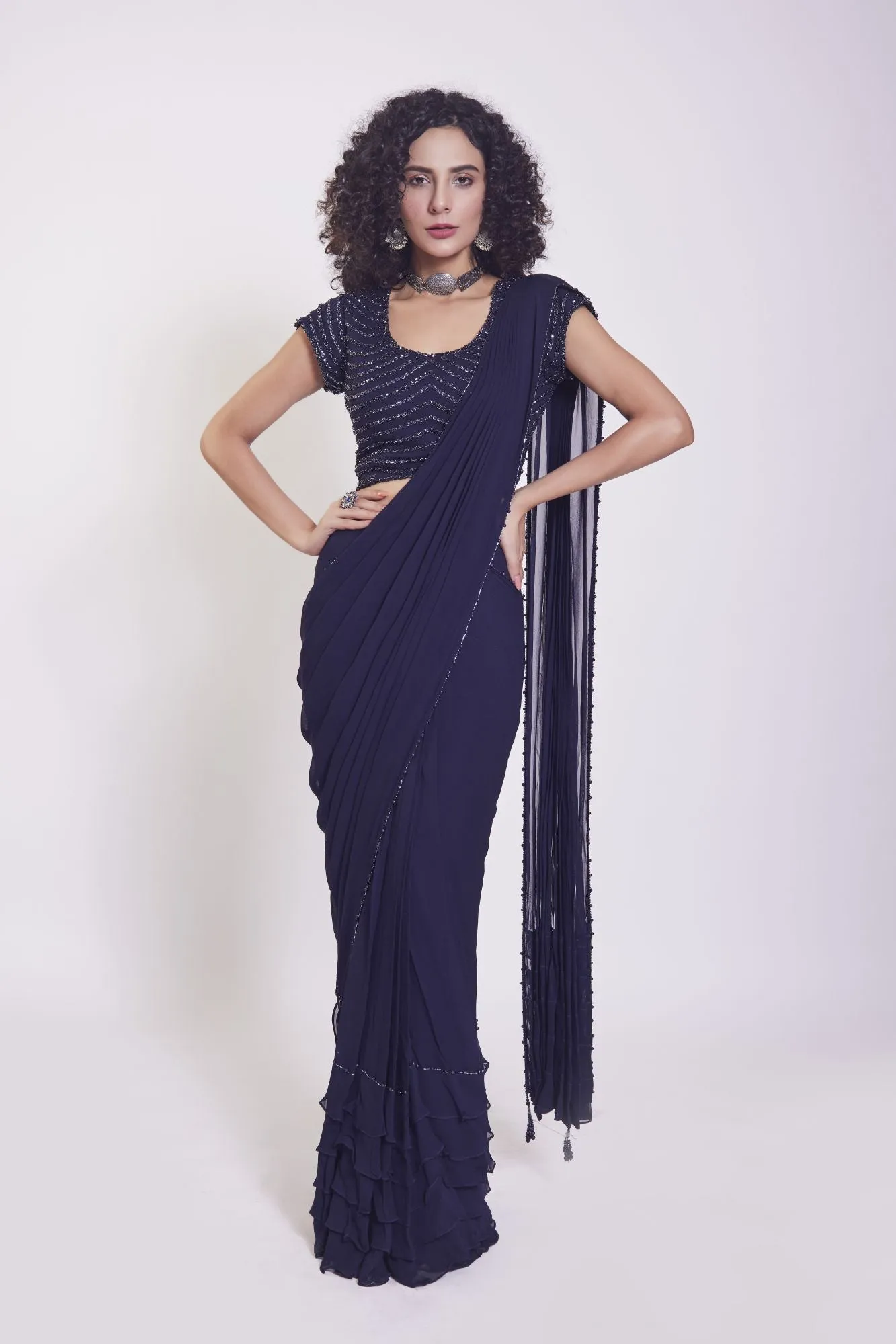 90Z955-RO Navy Blue Georgette Drape Saree Set