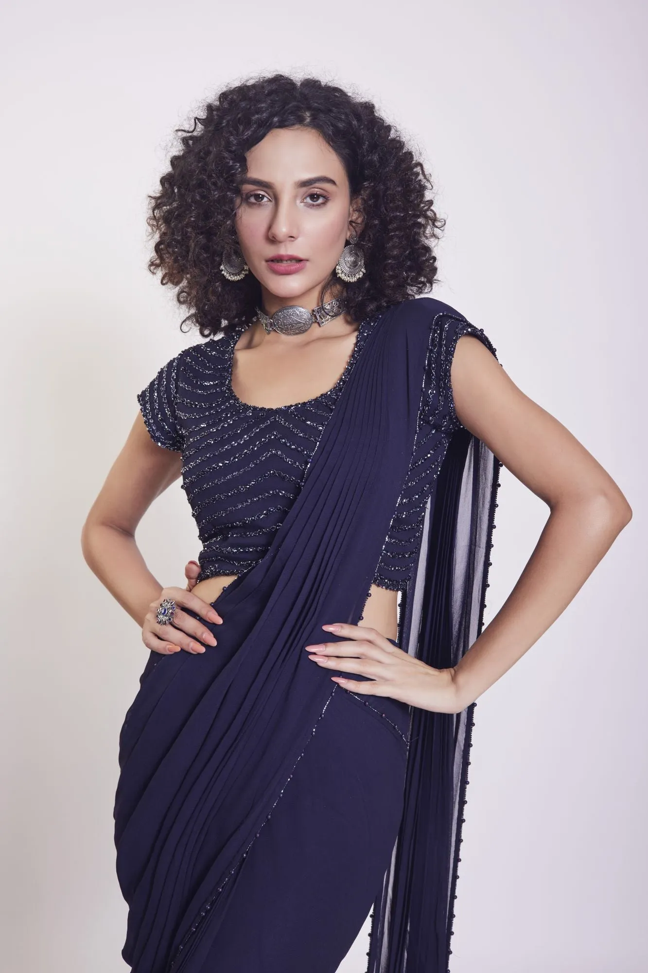 90Z955-RO Navy Blue Georgette Drape Saree Set