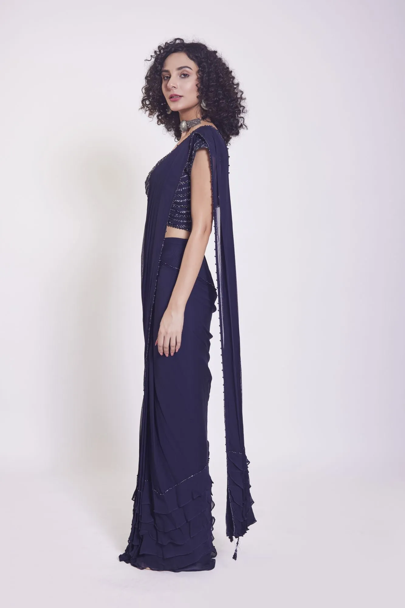 90Z955-RO Navy Blue Georgette Drape Saree Set