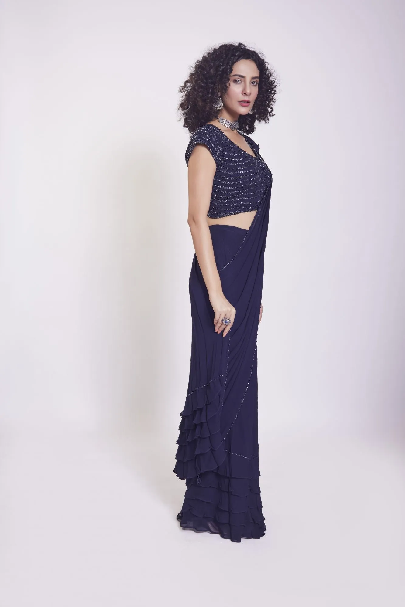 90Z955-RO Navy Blue Georgette Drape Saree Set