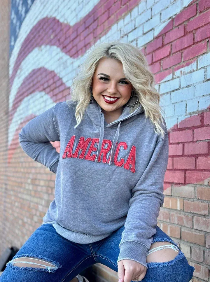 AMERICA RED APPLIQUE HOODED SWEATSHIRT