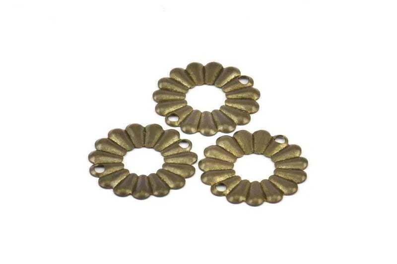 Antique Flower Connector, 75 Antique Brass Round Flower Connectors (19mm) Pen 554  K066