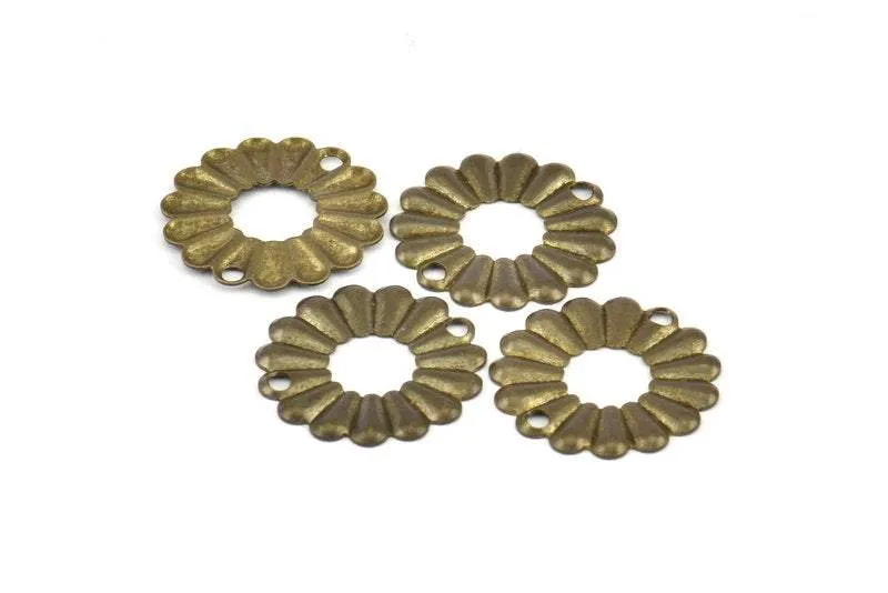 Antique Flower Connector, 75 Antique Brass Round Flower Connectors (19mm) Pen 554  K066