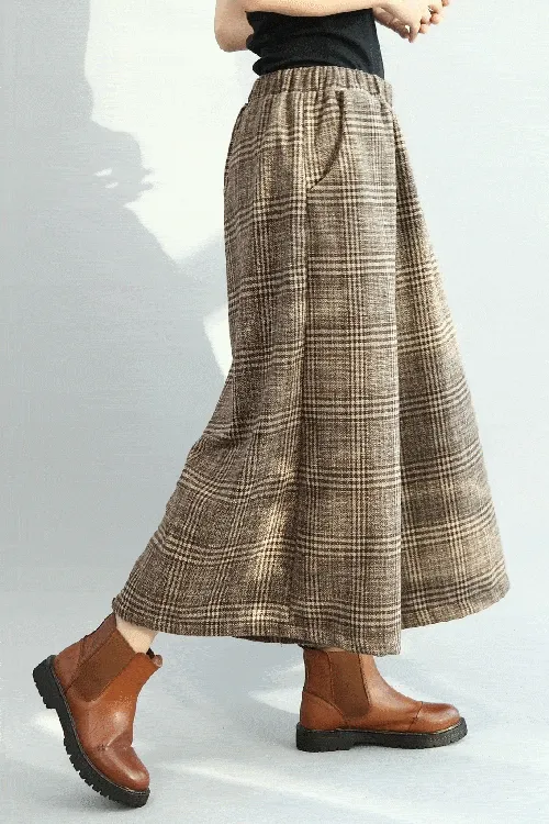 BABAKUD Winter Vintage Loose Plaid Cotton Linen Wide Leg Pants