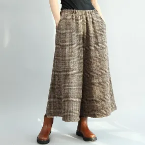 BABAKUD Winter Vintage Loose Plaid Cotton Linen Wide Leg Pants