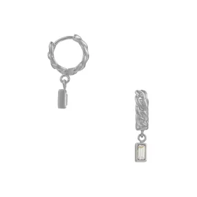 Baguette & Chain Huggie Hoop Earrings Made With Swarovski Crystals - Silver