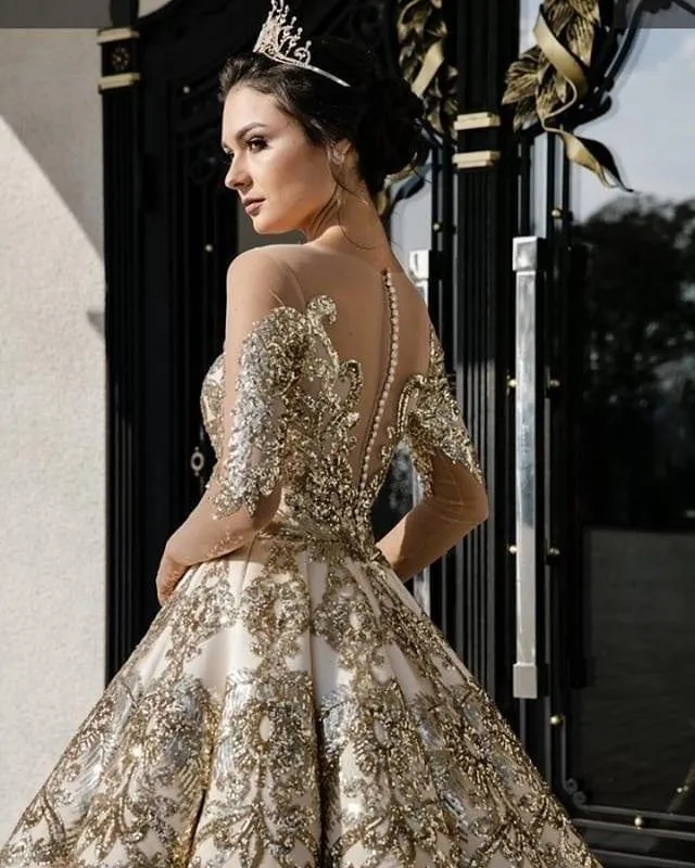 Ball Gown Long Sleeve Lace Appliques Prom Dresses Beads Long Wedding Dress