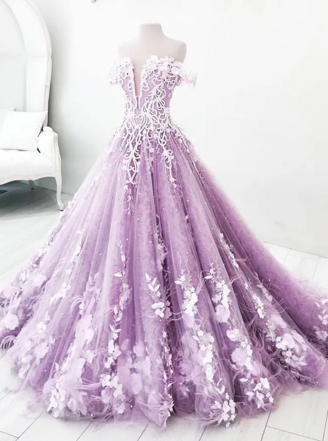 Ball Gown Off the Shoulder V Neck Tulle Lavender Beads Prom Dresses, Quinceanera Dresses STK15562