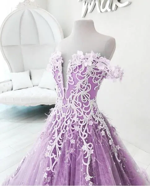 Ball Gown Off the Shoulder V Neck Tulle Lavender Beads Prom Dresses, Quinceanera Dresses STK15562